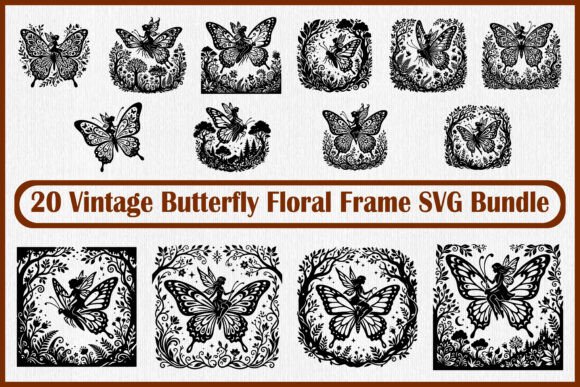 20 Vintage Butterfly Floral Frame SVG Bundle