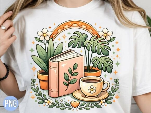 Boho Book & Coffee Garden PNG Design