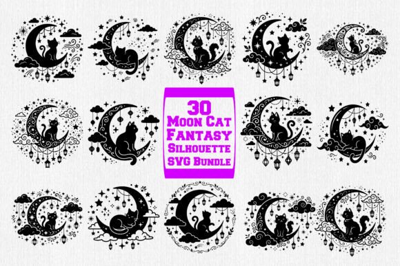 Moon Cat Fantasy Silhouette SVG Bundle: Elevating Celestial Crafts with Mystical Designs